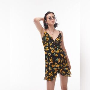 Topshop Black Floral Ruffle Wrap Mini Dress with Yellow Blooms